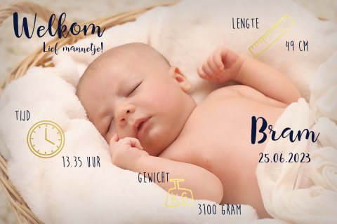 Hip goudfolie geboortekaartje jongen met foto en icoontjes