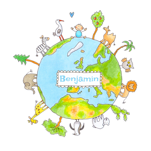 Geboortekaartje jongen - Getekende wereldbol en dieren