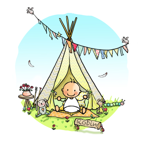 Vrolijk geboortekaartje met een getekende tipi tent
