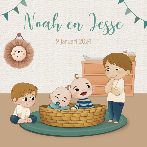 Geboortekaartje 4e kindjes tweeling jongens grote broers