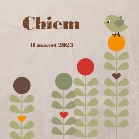 Vrolijk geboortekaartje met bloemen en een vogeltje