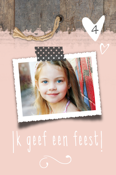Uitnodiging 4e verjaardag meisje roze met foto