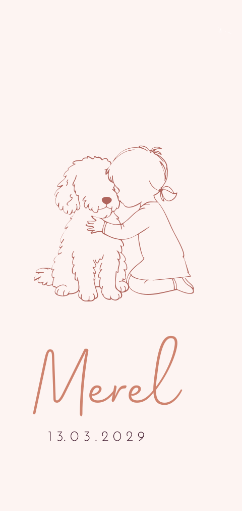 Lief geboortekaartje met een meisje en labradoodle die knuffelen
