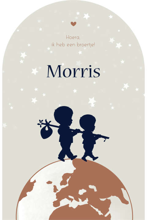 Boogvorm jongenskaartje silhouet broertjes wereldbol