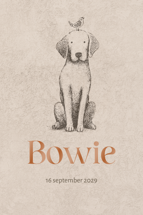 Neutraal geboortekaartje met hond en vogeltje