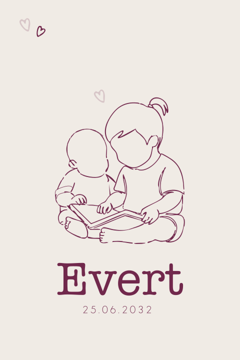 Geboortekaartje jongen voorlezen lijntekening silhouet zus broertje