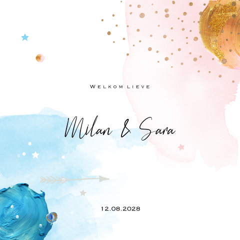 Modern jongens meisjes tweeling geboortekaartje watercolor