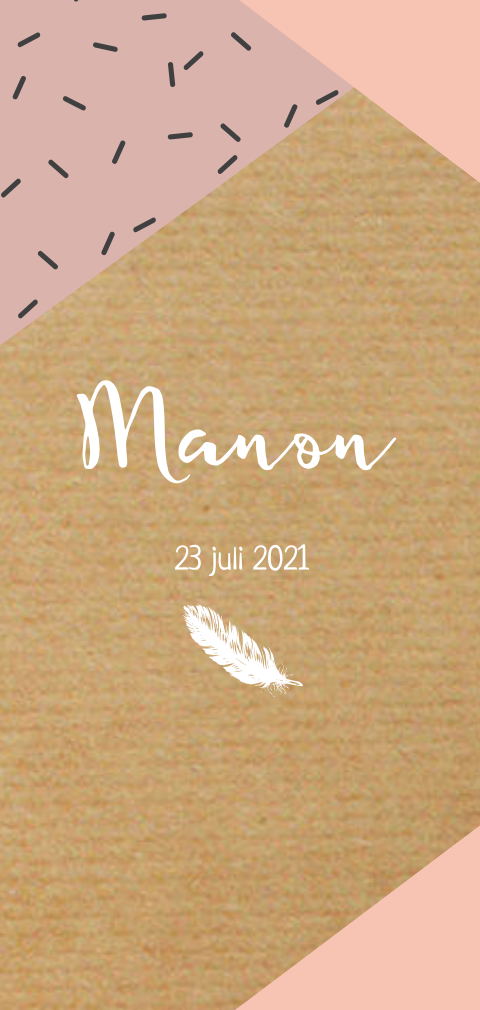 Langwerpig geboortekaartje meisje karton, confetti en veer