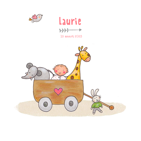 Schattig babykaartje voor een meisje met illustratie bolderkar