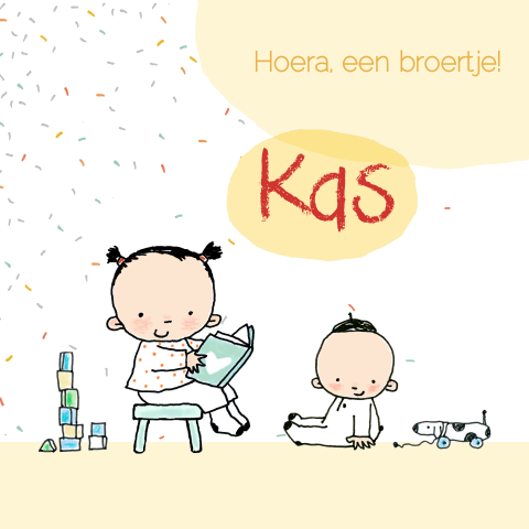 Getekend geboortekaartje jongen met grote zus en baby broertje