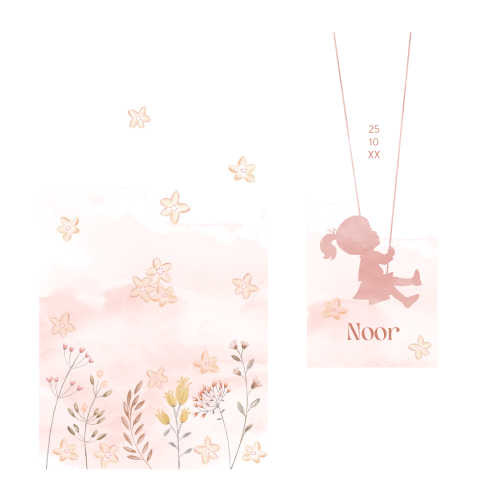 2‑delig geboortekaartje met een meisje op een schommel