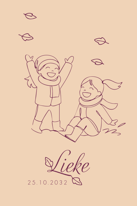 Geboortekaartje meisje met zusjes herfst lijntekening silhouet