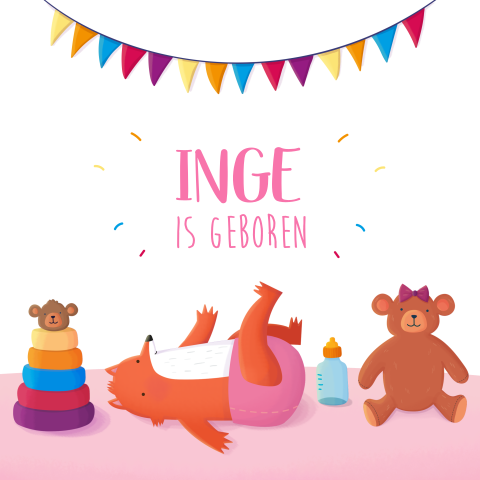 Lief geboortekaartje met een vosje en slingers