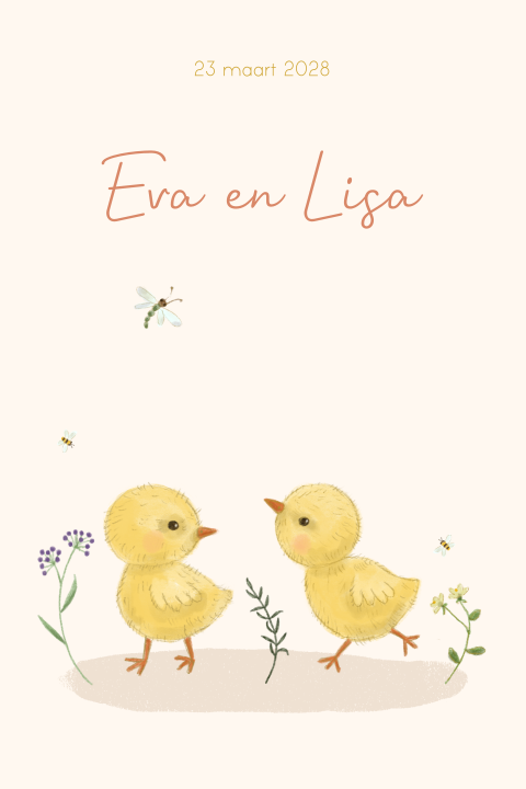Geboortekaartje tweeling meisjes lente kuikens libelle bij bloemen