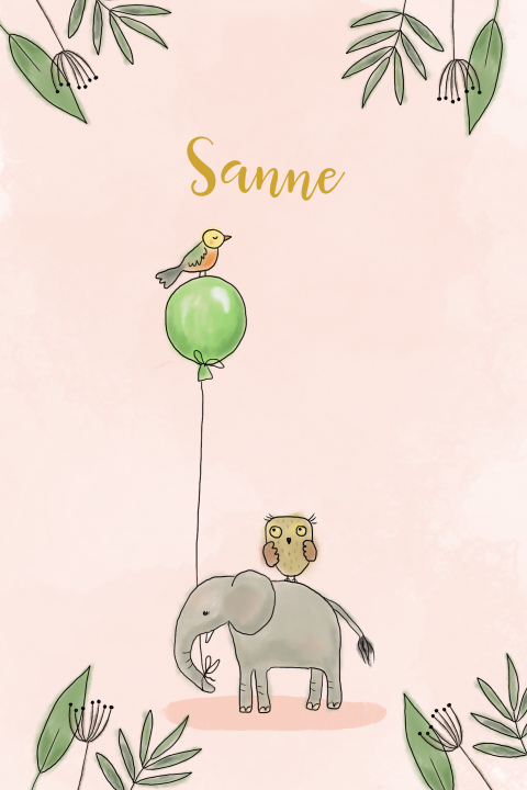 Geboortekaartje meisje olifantje en uil met ballon