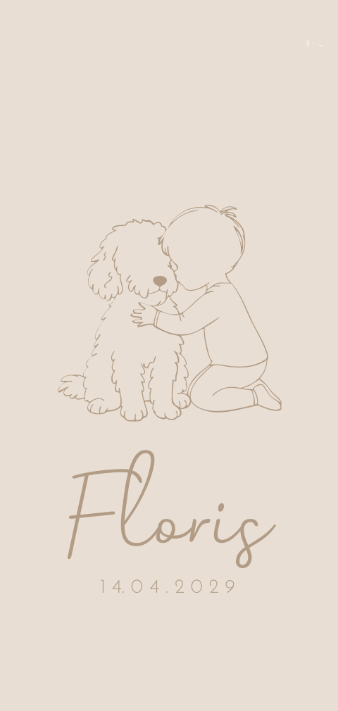 Lief geboortekaartje met jongen en zijn labradoodle in lijntekening