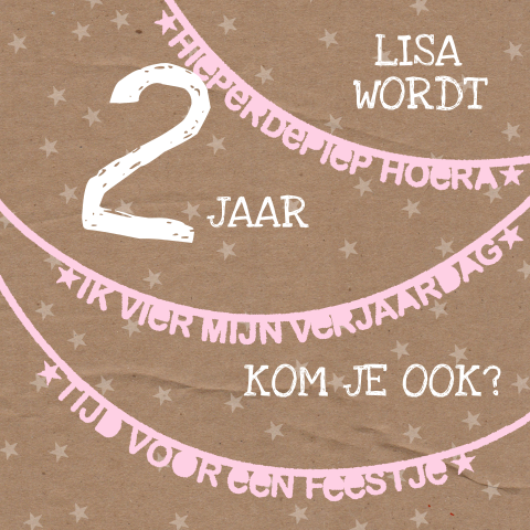 Uitnodiging met kraft en roze slings - Twee jaar