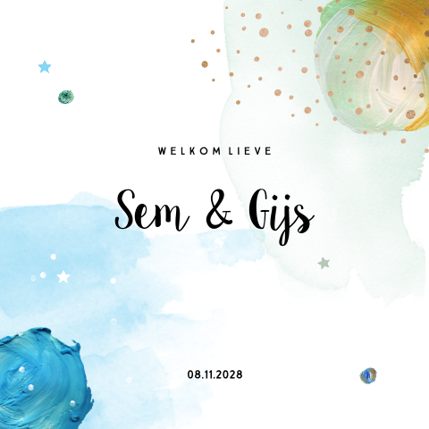 Jongens tweeling geboortekaartje hip met waterverf