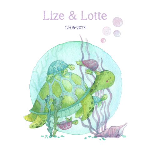 Lief geboortekaartje voor een tweeling met een schildpad en baby