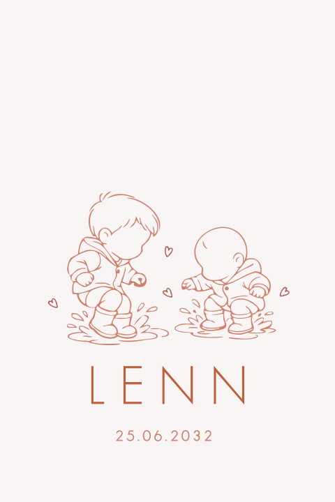 Warm herfst geboortekaartje van broertjes die in een plas springen