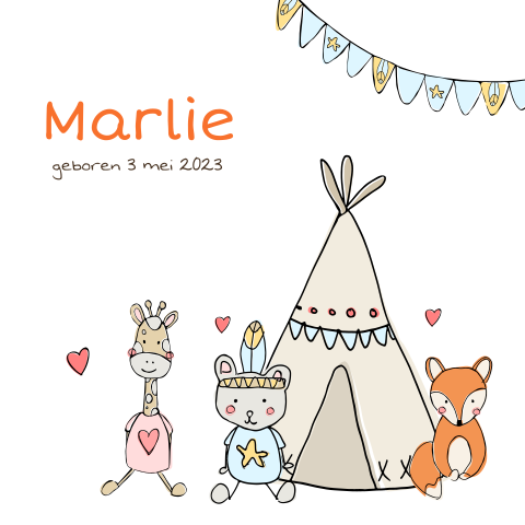 Hip geboortekaartje met tipi voor een meisje