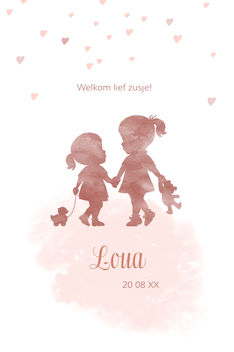 Lief geboortekaartje voor een meisje met haar grote zus