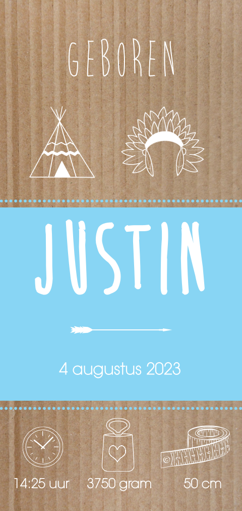 Hip langwerpig geboortekaartje jongen met tipt tent