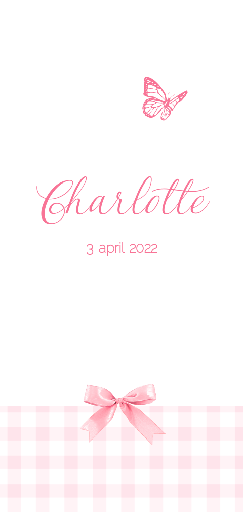 Klassiek babykaartje met roze strikje en vlinder