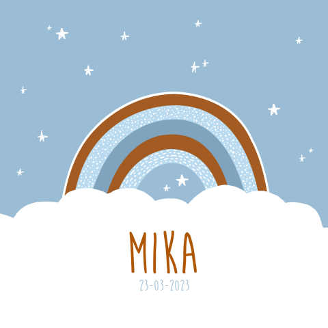 Geboortekaartje regenboog sterren wolken blauw