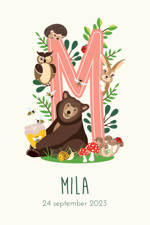 Geboortekaartje Letter Bosdieren
