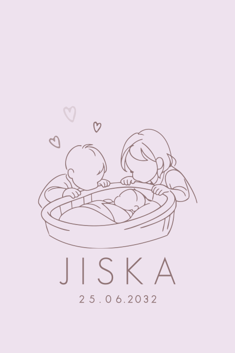 Geboortekaartje meisje met grote zus en broer die naar baby in wiegje kijken