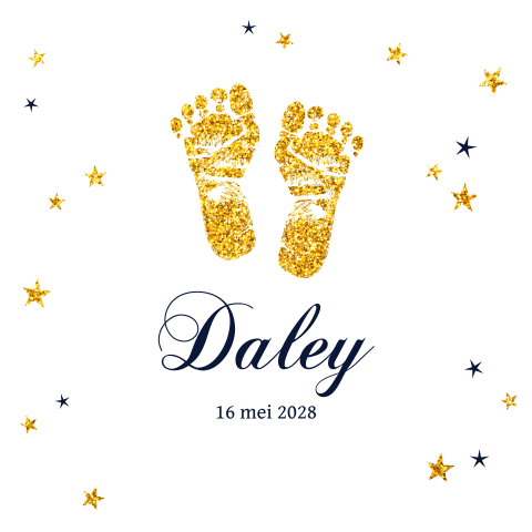 Gouden voetjes en sterren op geboortekaartje