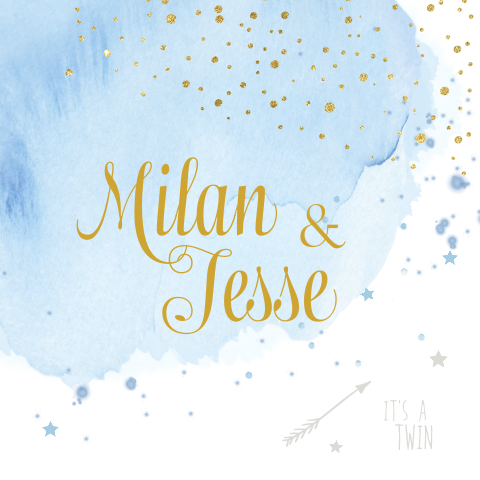 Hip blauw waterverf geboortekaartje jongens tweeling