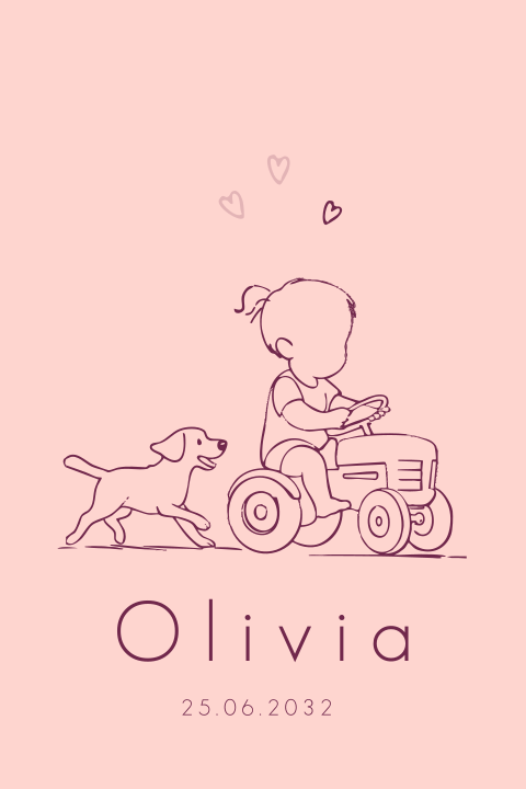 Lief geboortekaartje met meisje op traktor en labrador lijntekening