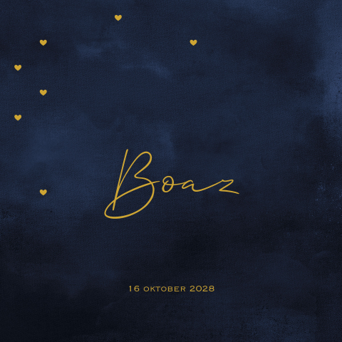 Donkerblauw geboortekaartje jongen met goud look hartjes