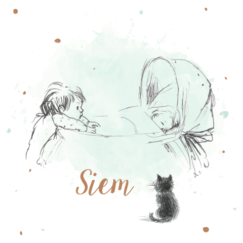 Geboortekaartje 2e kindje pentekening wiegje en kindje