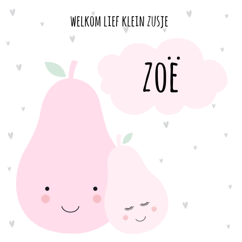 Geboortekaartje voor zusjes met lieve peer illustraties