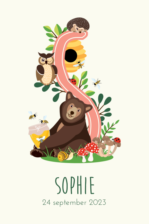 Geboortekaartje voor een meisje met alfabet letter S en bosdieren