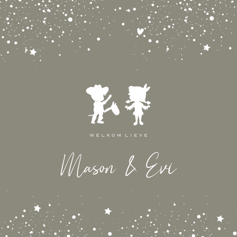 Stoer silhouet geboortekaartje tweeling jongen meisje