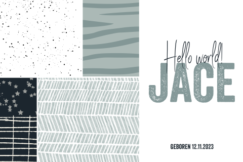 Modern geboortekaartje jongen met verschillende prints