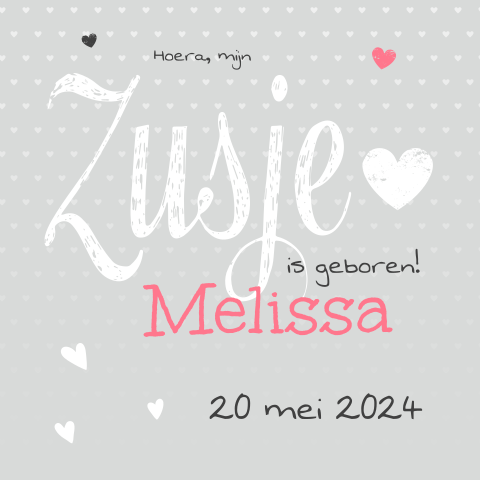 Geboortekaartje voor zusje met hartjes