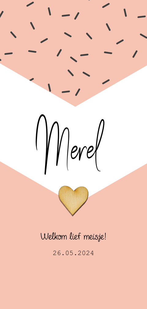 Hip geboortekaartje langwerpig met confetti en echt houten hartje