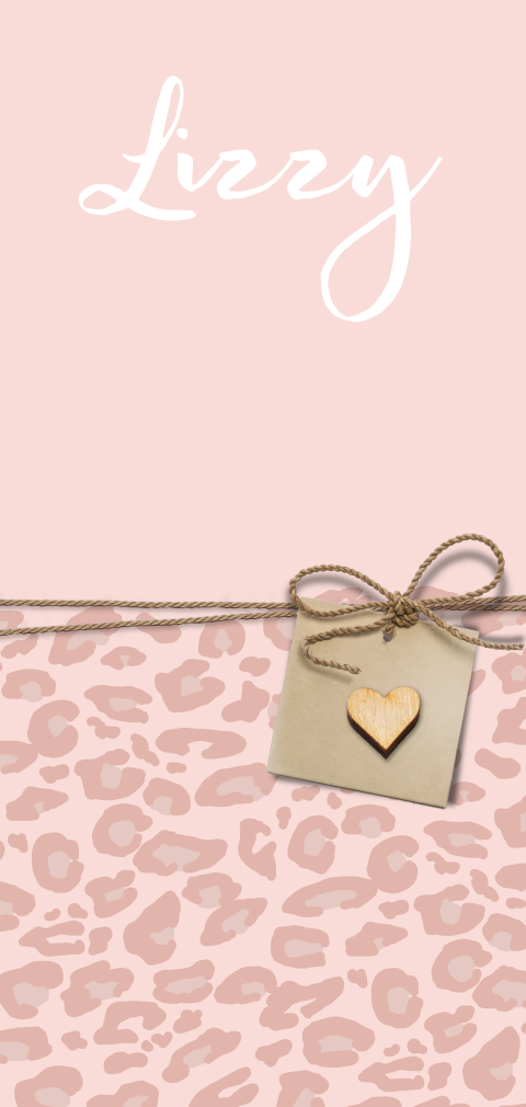 Geboortekaartje panterprint roze met echt houten hartje