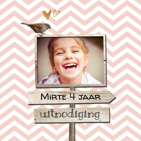 Roze uitnodiging kinderfeestje meisje wegwijs borden