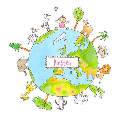 Geboortekaartje voor meisje met getekende wereldbol