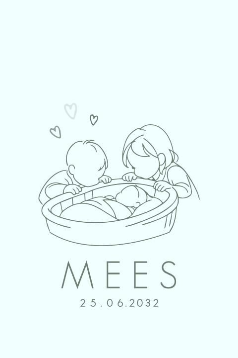 Geboortekaartje jongen met grote zus en broer die naar baby in wiegje kijken