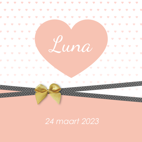 Lief geboortekaartje voor meisje met perzik hartjes en echt strikje