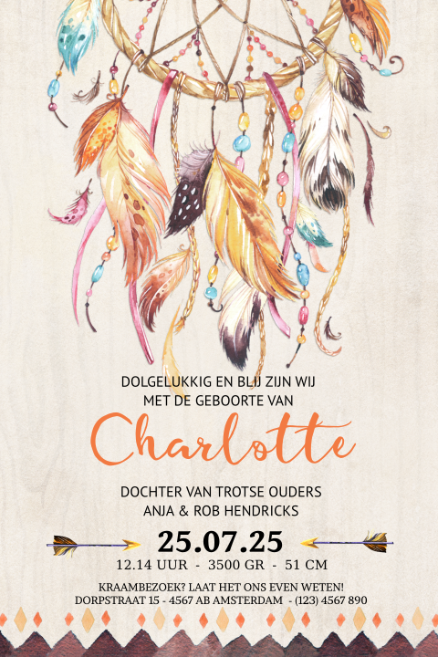 Geboortekaart meisje met dromenvanger bohemian