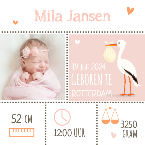Vrolijk geboortekaartje Mila met ooievaar en foto