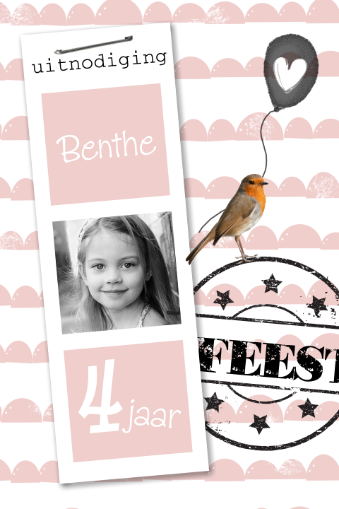 Hippe roze uitnodiging meisje 4 jaar met fotostrip